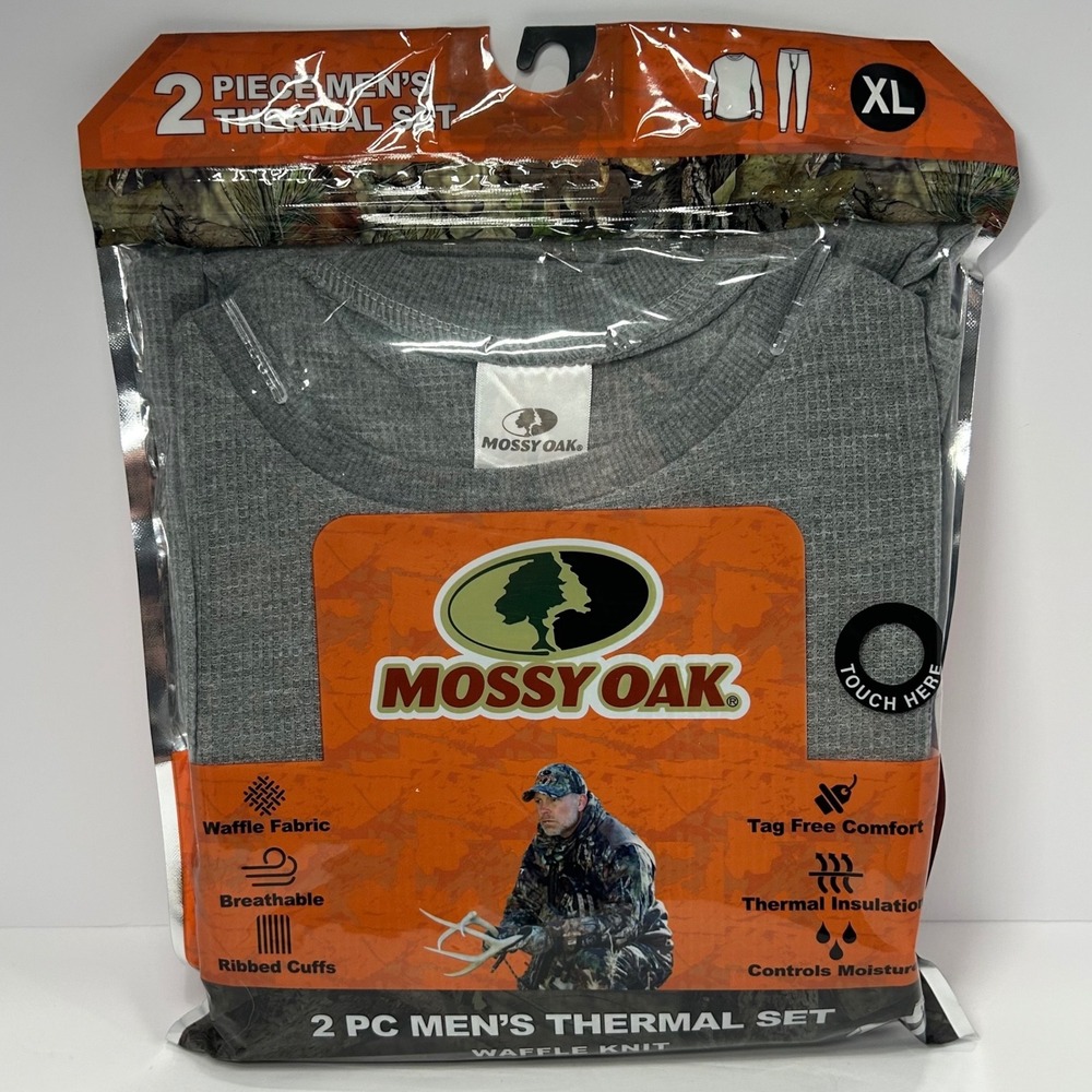 Mossy Oak Mens Thermal Set 2 Piece Waffle Knit Grey Base Layer XL New